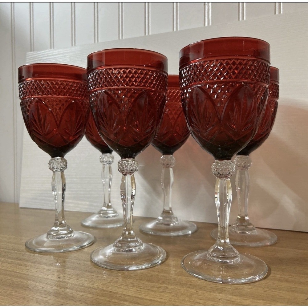 Set Of 6 Cristal D'Arques Durand Antique Ruby Red Goblets 8" Wine Water Glasses
